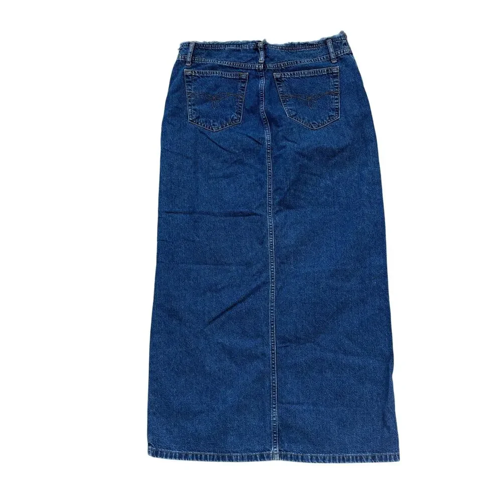 Y2K Paris Blues Long Denim Skirt Raw Hem Front Slit Low Rise Juniors 5